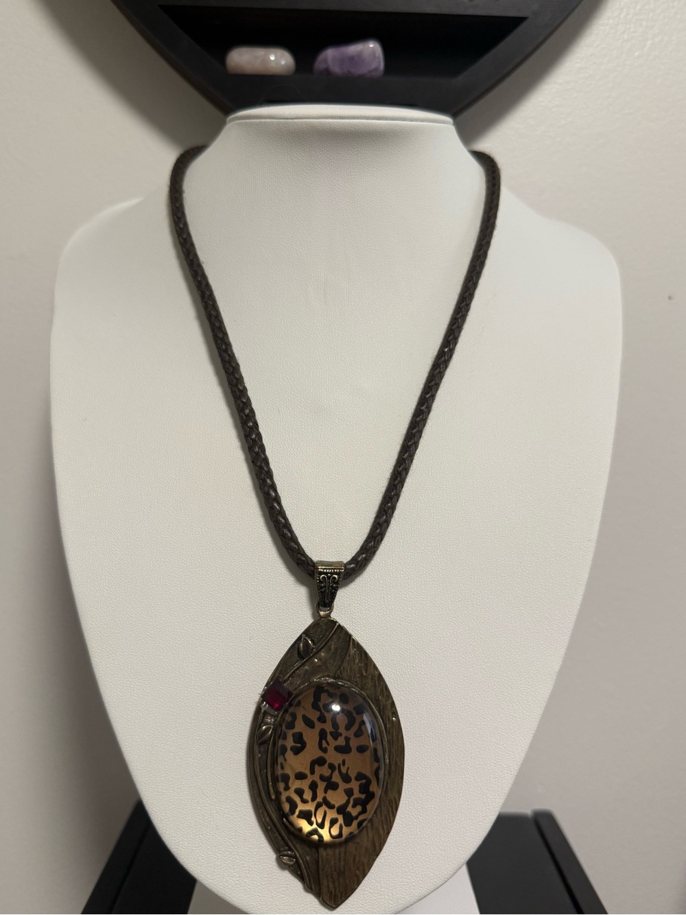 Brown Leopard Print Pendant Necklace with Braided Cord
